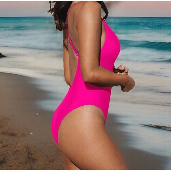 Cupshe Women’s Medium One Piece Swimsuit Hot Pink Plunge V Neck Crisscross Back - Picture 3 of 8